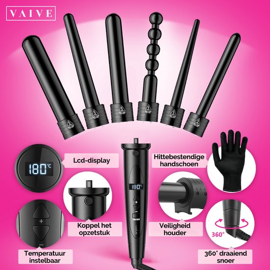 VAIVE - Lockenstab mit 6 Aufsätzen - Lockenstab - Lockenstäbe - Lockenstab - 32mm - 19mm - 25mm
