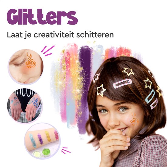 Partizzle Komplettes Bio Glitter Tattoo Set - Mädchen / Jungen - Schminkschablonen, Kleber und Pinsel - Face Fake Neon Tattoos Bastelset - Karneval Geschenk Basteln für Kinder - 24 Farben / Biologisch abbaubar