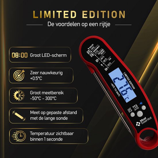 MostEssential Premium Fleischthermometer - BBQ Thermometer - Kernthermometer - Zuckerthermometer - Küchenthermometer - Digital - Kabellos - Wasserdicht - Rot