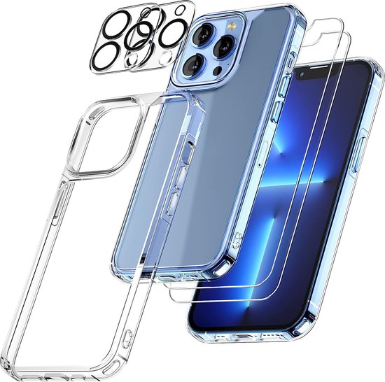 Podec iPhone 13 Pro Hülle, transparent – Set mit 2x Displayschutzfolie + 2x Kameraschutzfolie – Handyhülle mit Schutzglas – Transparente Hülle