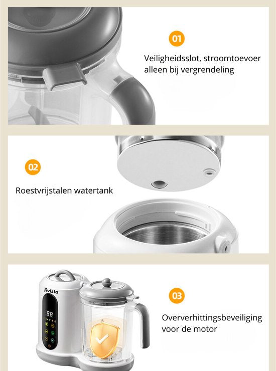 Livista® - Babymixer und Dampfgarer - Großes Fassungsvermögen - Babynahrungsmaschine - Dämpfen, Mixen und Erhitzen - für gesunde Babynahrung