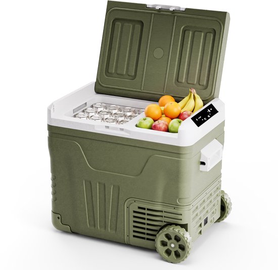 Auronic Electric Cool Box - Kompressor - 2 Zonen - 45L - 12/24V und 240V - Kühlen und Gefrieren - Campingkühlschrank - Frigobox Auto - Mit Rädern und Griff - Grün