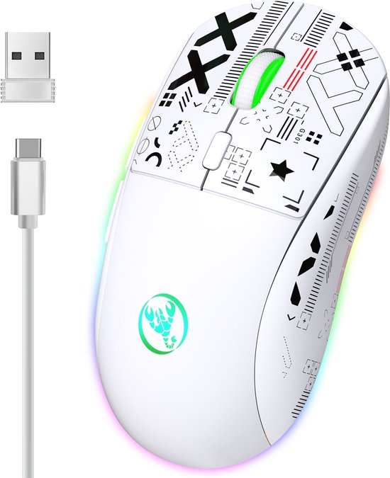 HXSJ T90 2.4G Silent Wireless Gaming Mouse - Bluetooth - Computermäuse - Ultraleicht - RGB-Beleuchtung - Weiß