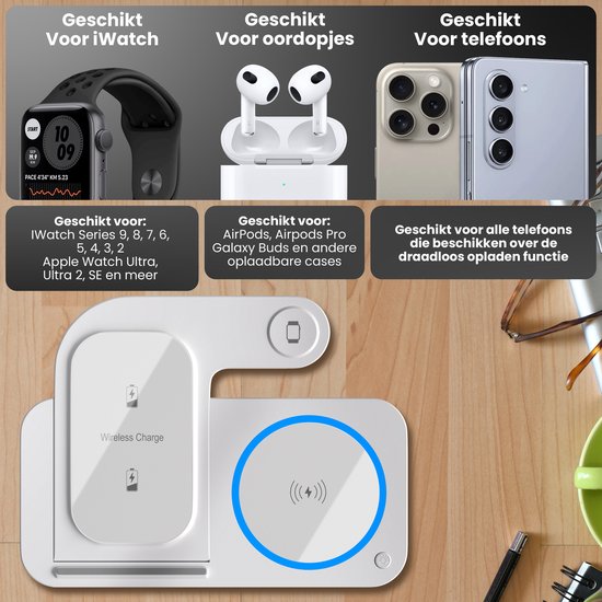 Strex 3-in-1 Wireless Charger - Ladestation - 15W Schnellladegerät - faltbar - geeignet für iOS & Android, Apple Watch, AirPods und Wireless Earphones - Weiß