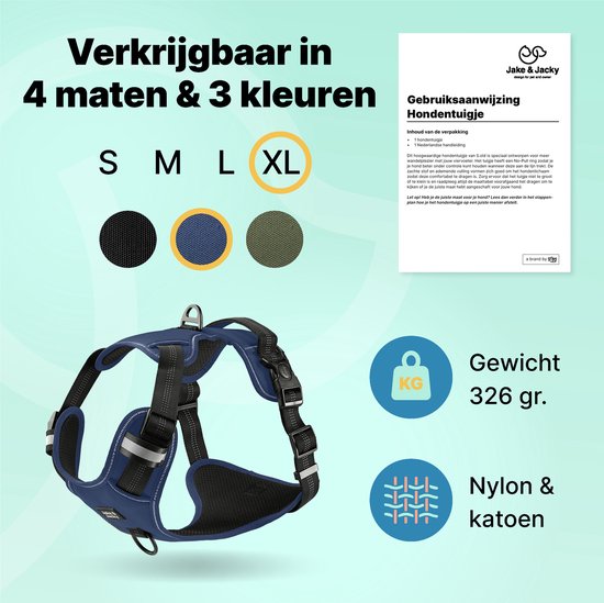 Jake und Jacky Hundegeschirr - Anti-Zieh-Geschirr - Hundegeschirr - Y-Geschirr Hund - Reflektierend - Blau - Größe XL