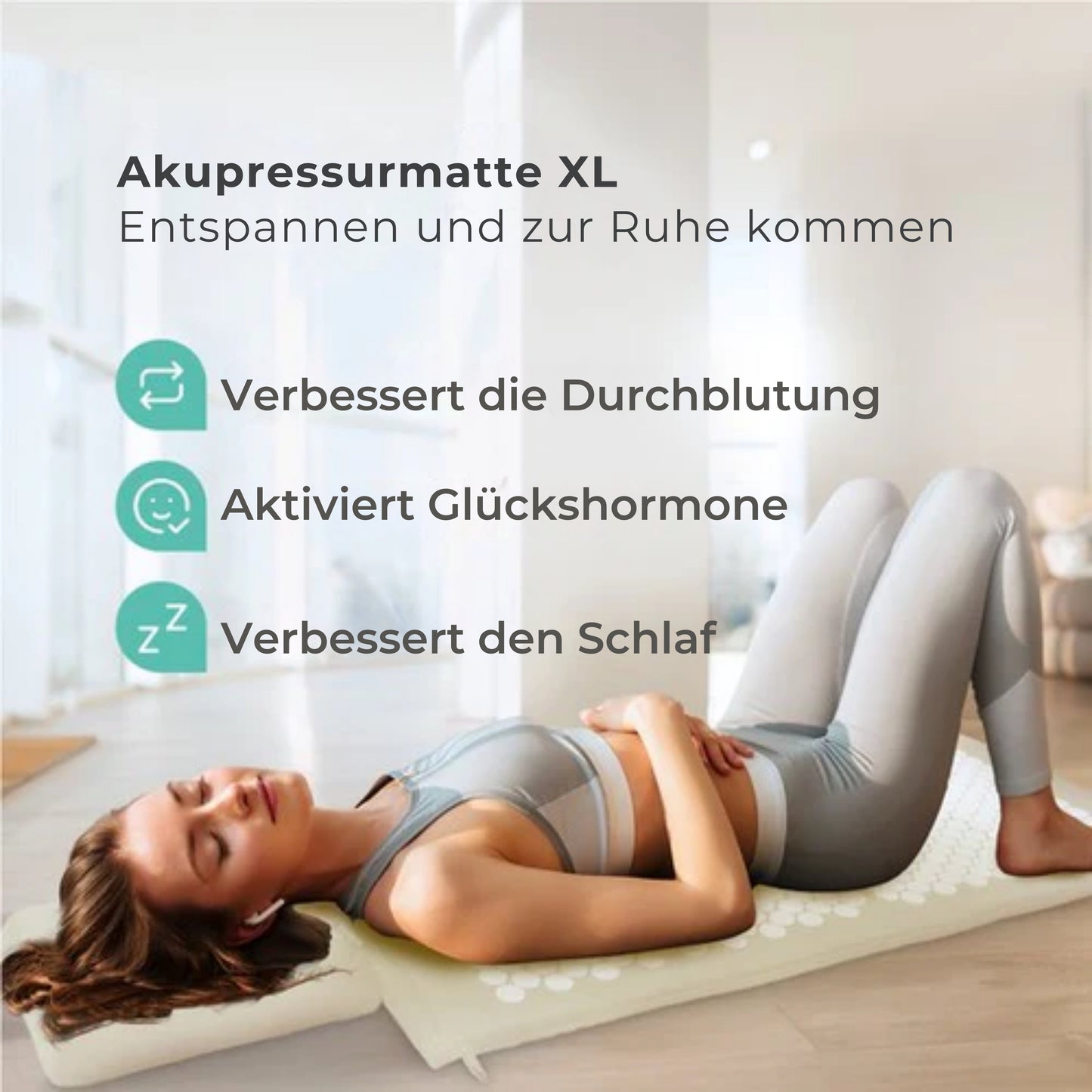 LifeGoods Akupressurmatte XL - Mit Kissen - Shakti-Matte - Nagelmatte inkl. 2x Triggerpunktball - 128x48x2cm - Beige/Weiß