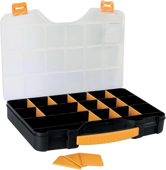 Perel-Sortimentsbox, max. 20 Fächer, 16 Trennwände, transparenter Deckel, stapelbar, 326 x 257 x 48 mm, gelb/schwarz