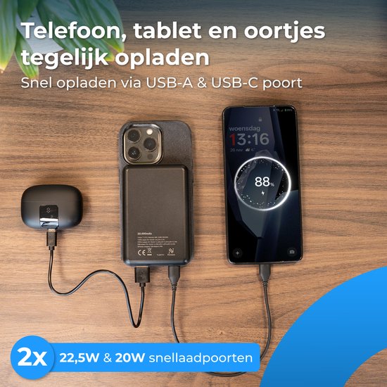 Nuvance Powerbank 10000 mAh - Geeignet für MagSafe - 15W Schnellladegerät - Wireless Powerbank - Usb-A 22.5W & Usb-C 20W - Schwarz