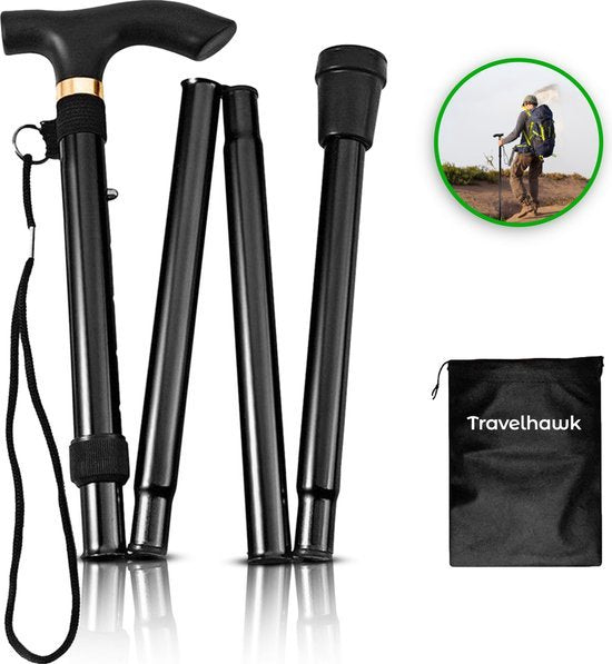 Travelhawk Gehstock - Verstellbar und faltbar - Schwarz - Inkl. Aufbewahrungstasche - Gehstock Elderly