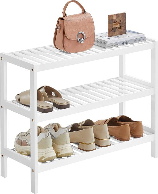 O'DADDY® Schuhregal - Schuhbank - Flurbank - 3 Lagen - Für 12 Paar - Multifunktionsregal - Bambus - 70 x 28 x 45 cm - Weiß