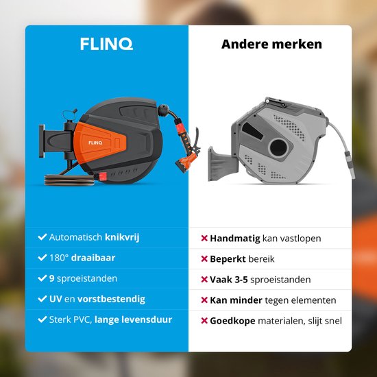 FlinQ Gartenschlauchtrommel 20 Meter - Automatische Schlauchtrommel - 180° drehbare Wandtrommel - Wandschlauchbox mit Gartenschlauch, Trommel und Sprinklerkopf - 9 Sprühmodi