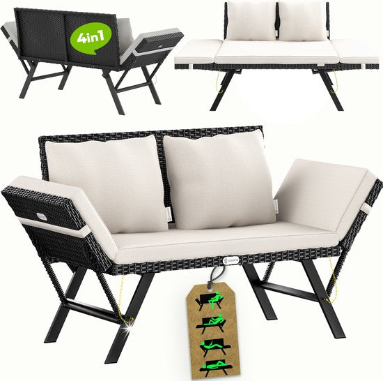 Casaria Polyrattan Gartenbank - 176 cm Verstellbar Inkl. Kissen - Schwarz