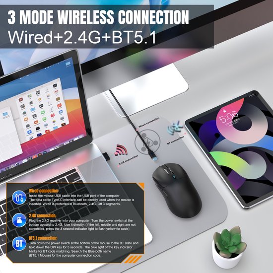 HXSJ T68 - 2.4G Wireless Gaming Mouse - 12000DPI - PAW3311 - FPS/MOBA/MMO - Gaming-Mäuse - Ultraleicht - Schwarz