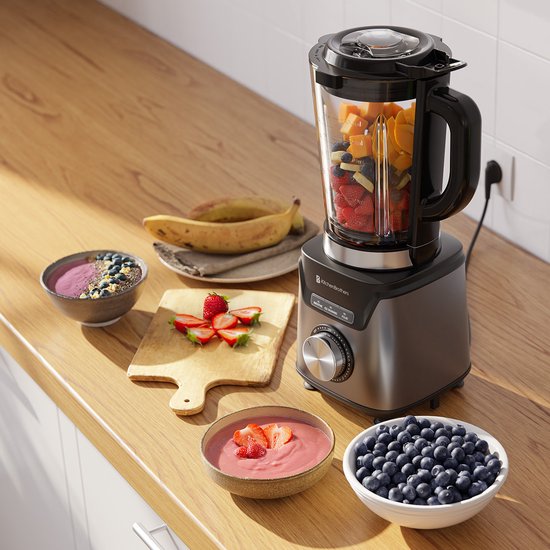 KitchenBrothers Mixer - Mit Trinkflasche - 1200W - 1.5L - Smoothie Maker - Edelstahl - Grau