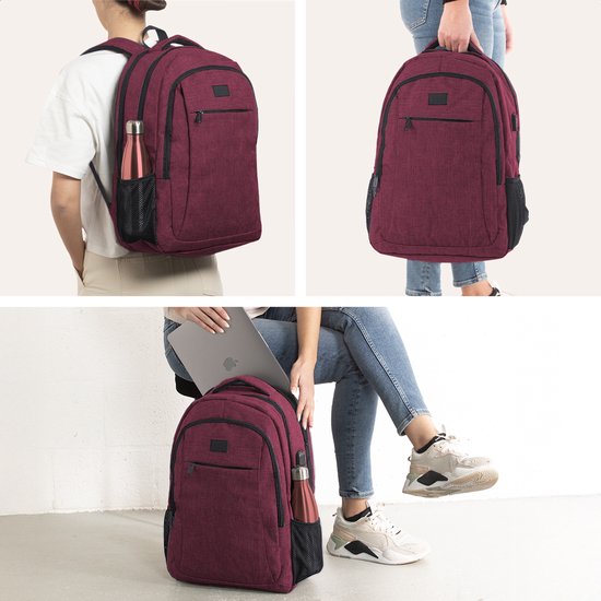 TRVLMORE Rucksack - Rucksack mit 17.3 Zoll Laptopfach - Schultasche - Spritzwassergeschützt - Männer und Frauen - Jungen und Mädchen - 36L - Burgunderrot