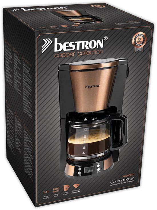 Bestron ACM800CO Kaffeemaschine - 1.5L - 12 Tassen - Programmierbare Zeitschaltuhr - Warmhalteplatte - Dauerfilter - 1000W - Kupfer