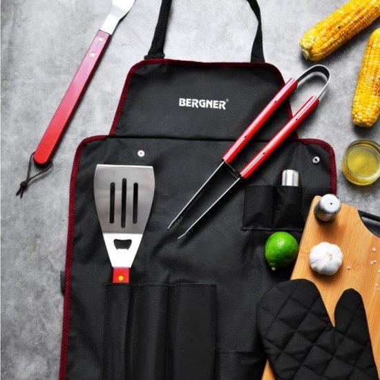 Bergner BBQ Zubehör 7-teiliges Werkzeugset - Edelstahl - Geschenkset - mit Grillschürze