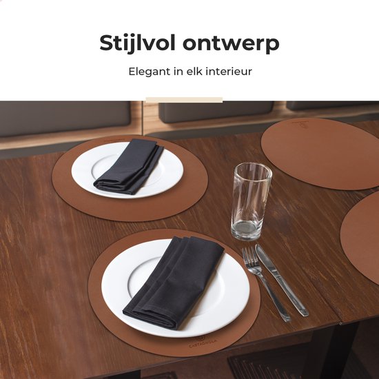 Castagnola Tischsets in Lederoptik - Runde Tischsets - Rutschfestes Kunstleder-Tischset - Wasserabweisende Untersetzer - Untersetzer - 6 Stück - Durchmesser 38 cm - Braun