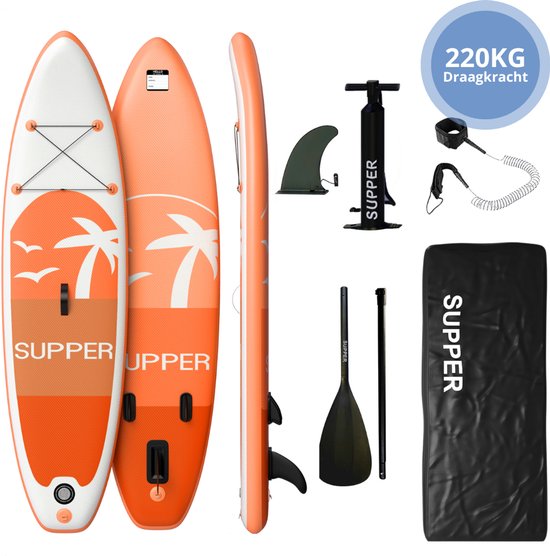 Supper Sup Board XL - Max. 220KG - Aufblasbar - Paddle Board - Wasserdichte Handytasche - Pumpe - Flosse - Leash - Tragetasche - 335 x 81 cm - Orange