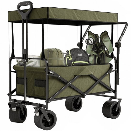 Avalo Bolderkar mit Dach XL faltbar - bis zu 110KG Tragfähigkeit - 120L - 97x60x105 CM - 360º Räder - Bolderwagen / Bolderwagen / Strandwagen / Trekkingwagen / faltbarer Bolderkar - Für Strand - Grün
