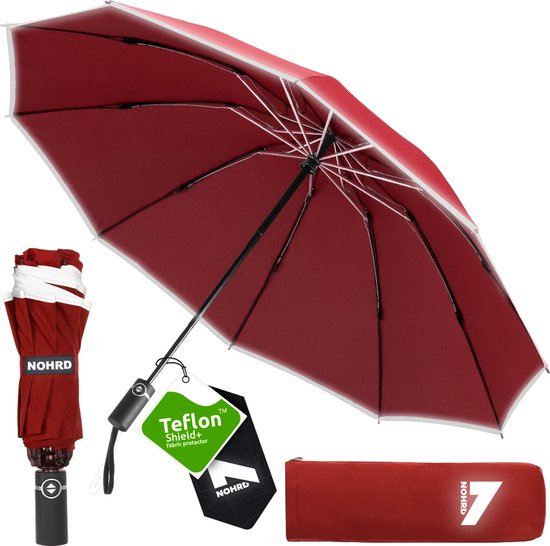 Nohrd Storm Umbrella - Bordeaux Rot - Regenschirm faltbar - Sturmsicher 108 km/h - Sturmschirme - Automatisch auf- und abklappbar - Reflektierend - Regenschirme - Inkl. Schutzhülle