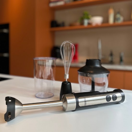 Bourgini Stabmixer - 4-tlg. Leistungsstarkes Stabmixer-Set aus Edelstahl -20 Geschwindigkeiten - Schneebesen - Zerkleinerer 600ml - Messbecher 800ml - 1500W