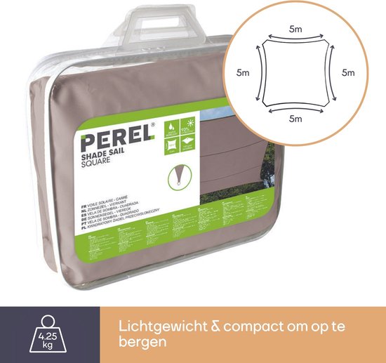 Perel Schattentuch, wasserabweisend, 5 x 5 m, 160 g/m², Polyester, quadratisch, taupe
