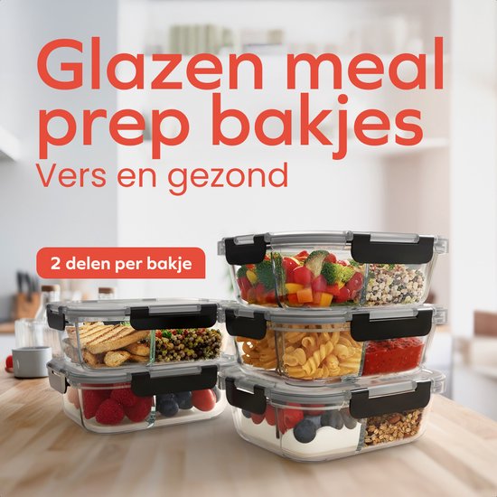 KitchenBrothers Meal Prep Trays Set - Mit Trennung - Glas Lebensmittel Lagerung Schalen - Zwei Fächer - Luftdicht - BPA frei - Gefrierschrank Schalen - Lagerung Schalen - 5L - Glas - 5 Stück