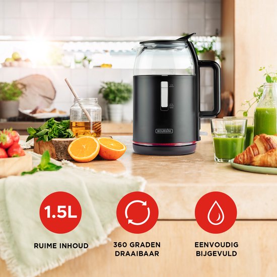 Bourgini Wasserkocher aus Glas - Mattschwarz - Kabelloser Gebrauch - Einfaches Befüllen durch den Deckel - Großes Fassungsvermögen von 1,5 l - BPA-frei