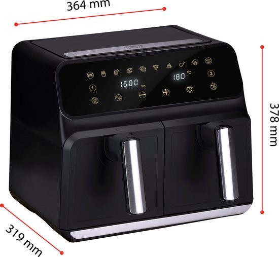 alpina Double Airfryer XL 8L - Heißluftfritteuse für 4 bis 8 Personen - Fassungsvermögen 2x4L - Digitalanzeige - Fritteuse 1700 W - Sync Finish Funktion - Schwarz