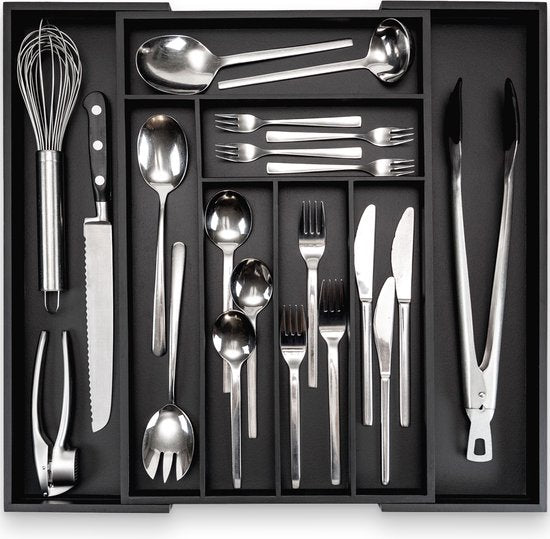 Budu Extendable Bamboo Cutlery Tray #47 (47 cm tief) - Schwarz - Besteckkassette Holz - Besteckschublade - 47 x 30.6 - 50 cm - 6/8 Fächer