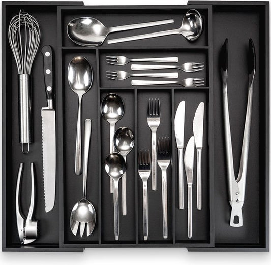 Budu Extendable Bamboo Cutlery Tray #47 (47 cm tief) - Schwarz - Besteckkassette Holz - Besteckschublade - 47 x 30.6 - 50 cm - 6/8 Fächer