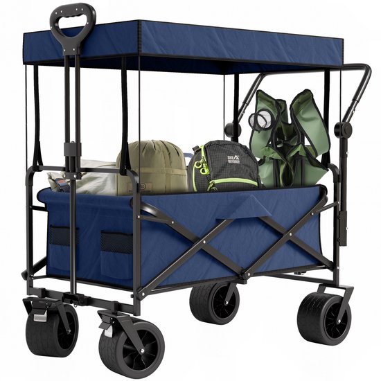 Avalo Bolderkar mit Dach XL faltbar - bis zu 110KG Tragfähigkeit - 120L - 97x60x105 CM - 360º Räder - Bolderwagen / Bolderwagen / Strandwagen / Trekkingwagen / faltbarer Bolderkar - Für Strand - Blau