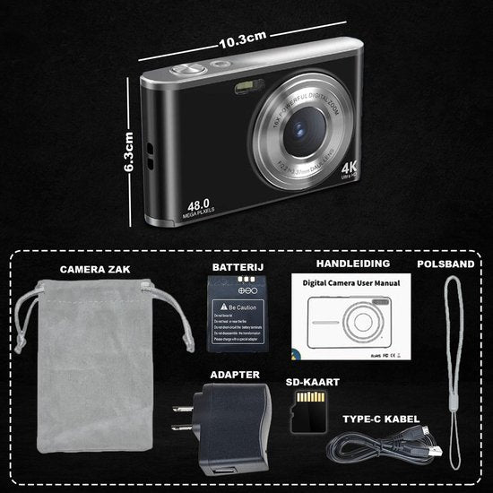 K&L Digitalkamera 4K - Fotoapparat - Fotokamera - Kompaktkamera - Vlog-Kamera - Für Kinder - Inklusive 64GB - NL Software