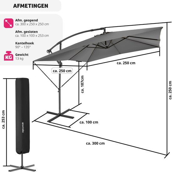 tectake - Sonnenschirm Apollon quadratisch 250 x 250 cm - Inkl. Windschutz und Schutzhülle - grau