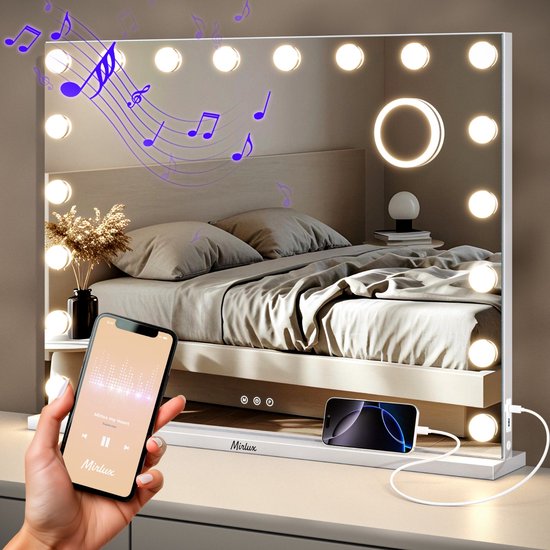 Mirlux Large Hollywood Mirror - 80x60CM - 2 Bluetooth-Lautsprecher - USB & USB-C Ladeanschlüsse - LED-Beleuchtung - Schminkspiegel - 10x Zoom - Aufhängbar - Weiß