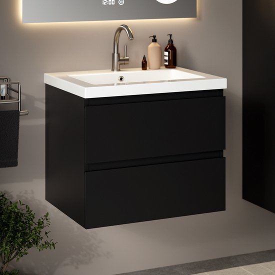 Mirlux Badmöbel Matte Schwarz 60 cm - Waschtisch Weiß - Badmöbel Set - Waschtischschrank Matte Schwarz