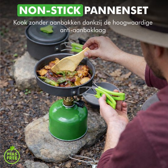Travelhawk Camping Kochgeschirr - Pfannenset - Aluminium - 8-teilig - Camping Pfannenset - Inklusive Schwamm, Spatel, Löffel, Schüsseln und praktischer Tragetasche