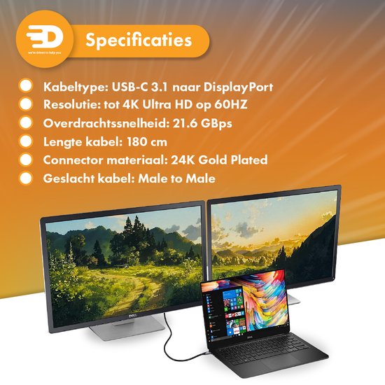 USB C zu Displayport Kabel - 8K 60Hz 4K 120Hz - Thunderbolt 3 - Geeignet für Apple / iMac / Macbook (Pro) - 1,8 Meter