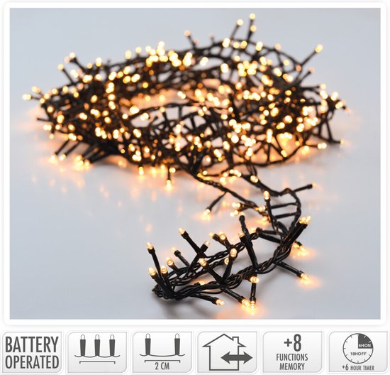 Micro Cluster 200 led - 4m - warmweiß - Batteriebetrieben - 8 Lichtfunktionen - Memory - Timer
