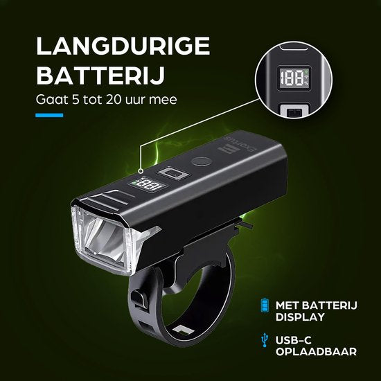 Exortus® Wiederaufladbares LED-Fahrradbeleuchtungsset – Fahrradlicht-Set in Weiß und Rot – Fahrradlampe, geeignet für jedes (Renn-)Fahrrad – Akkustandsanzeige – Sturzfest & wasserdicht – Mit Lichtsensor-Modus – Auch als Taschenlampe verwendbar