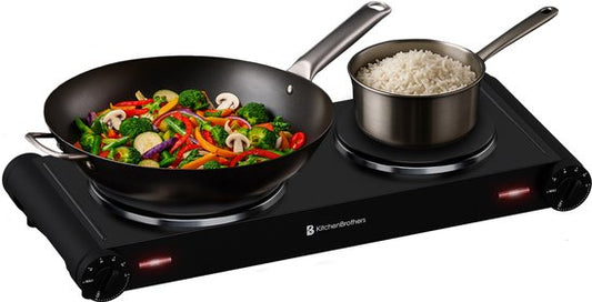 KitchenBrothers Elektrokochfeld - 2 Brenner - Freistehend - 7 Temperaturstufen - 1500W + 1000W - Schwarz