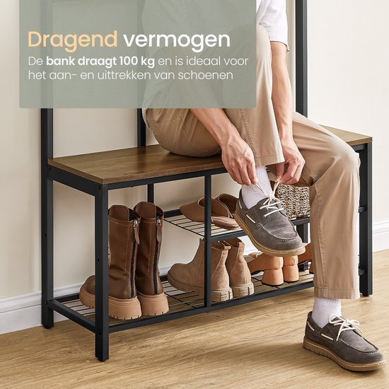 O'DADDY® Garderobe mit Spiegel - Garderobenständer - Schuhablage - Garderobenständer hochkant - Vintage Look - Schwarz und Braun - Schuhablage - Garderobenständer
