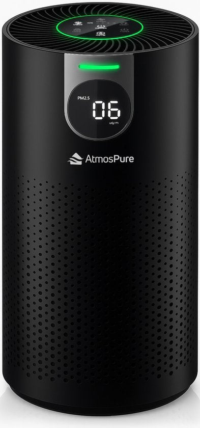 AtmosPure® CleanAir Luftreiniger - Luftreiniger mit austauschbarem HEPA 13 + Kohlefilter - CADR 250 m³/h - Schwarz - Für 98 m² - Wirkt gegen Staubmilben, Heuschnupfen, Allergien, -3 Modi + stiller Schlafmodus - Luftqualitätssensor