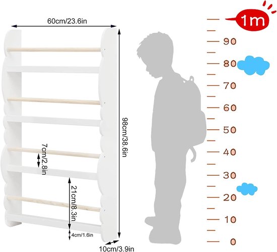 Woltu Kinder-Wandbuchregal 98x60x14,5 cm Grün oder Weiß mit Eichenoptik - Montessori-Aufbewahrungsregal für das Kinderzimmer