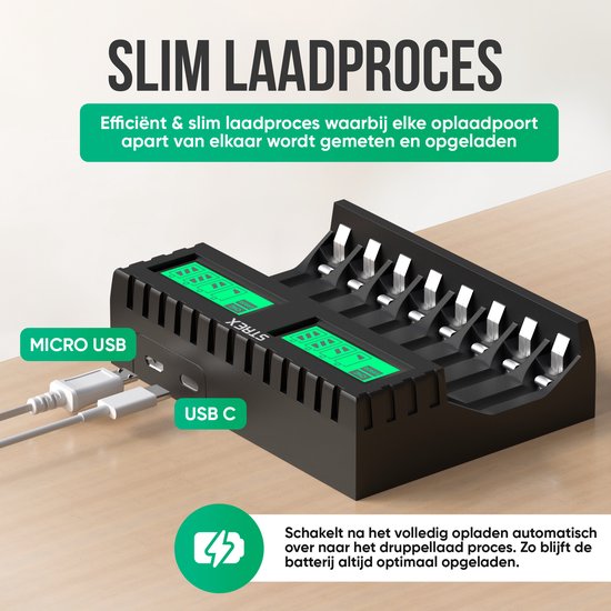 Strex Batterieladegerät - 8x AA/AAA-Batterien - USB aufladbar - LCD-Display - Für wiederaufladbare Batterien - Schwarz