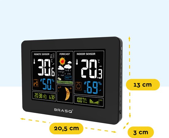 BRASQ Kabellose Wetterstation für den Innen- und Außenbereich - Hygrometer - Luftfeuchtigkeitsmesser - Mit Außensensor bis zu 60 Meter - Thermometer - Barometer - inklusive Batterien