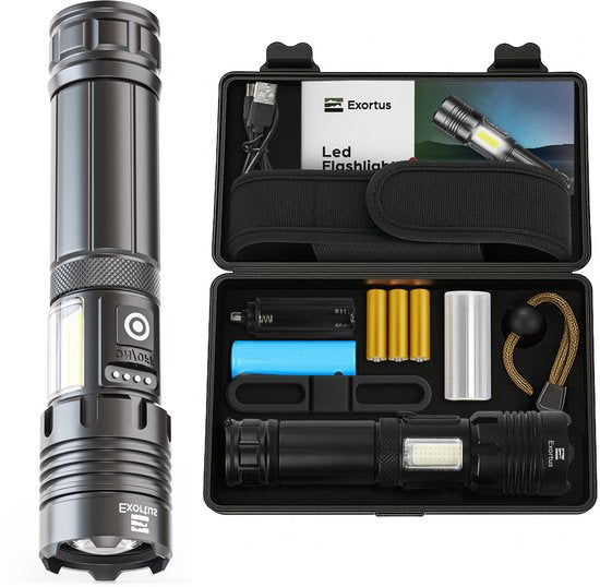 Exortus® Wiederaufladbare LED-Taschenlampe – 5000 Lumen – Langlebig und wasserdicht – 26650-Akku – COB-Beleuchtung – Aufbewahrungsbox – Holster