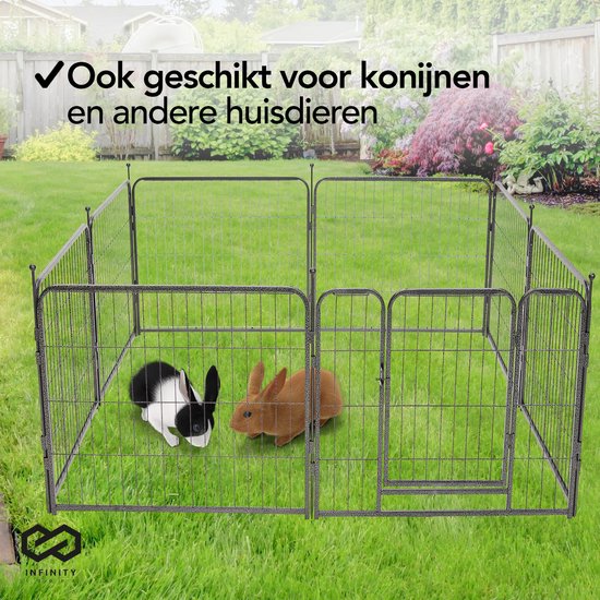 Infinity Goods Hundeauslauf - Welpenauslauf - 8 Paneele - 80 x 80 CM - 640 CM Umfang - faltbar - mit Tür - Stahl - Schwarz