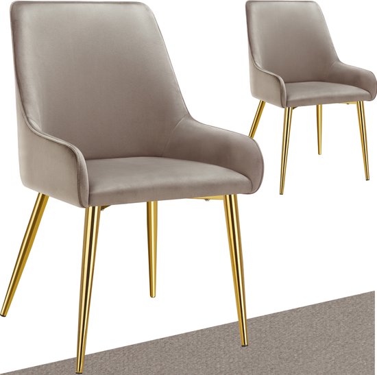 tectake® Esszimmerstuhl Avane - Samtoptik - Ergonomischer Polsterstuhl mit goldenen Stahlbeinen - Belastbarkeit 120 kg - Moderner Esszimmer- und Küchenstuhl - 2er Set - Taupe